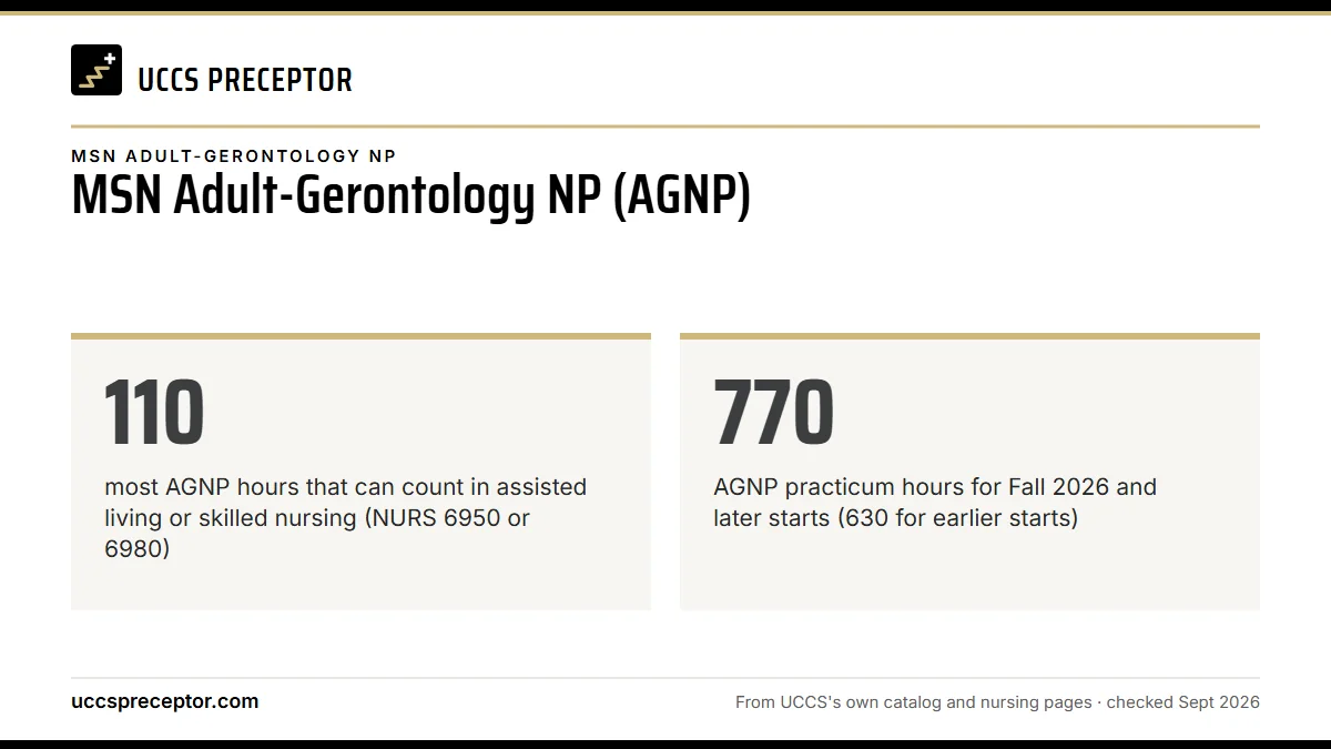 MSN Adult-Gerontology NP (AGNP). 110: most AGNP hours that can count in assisted living or skilled nursing (NURS 6950 or 6980); 770: AGNP practicum hours for Fall 2026 and later starts (630 for earlier starts).