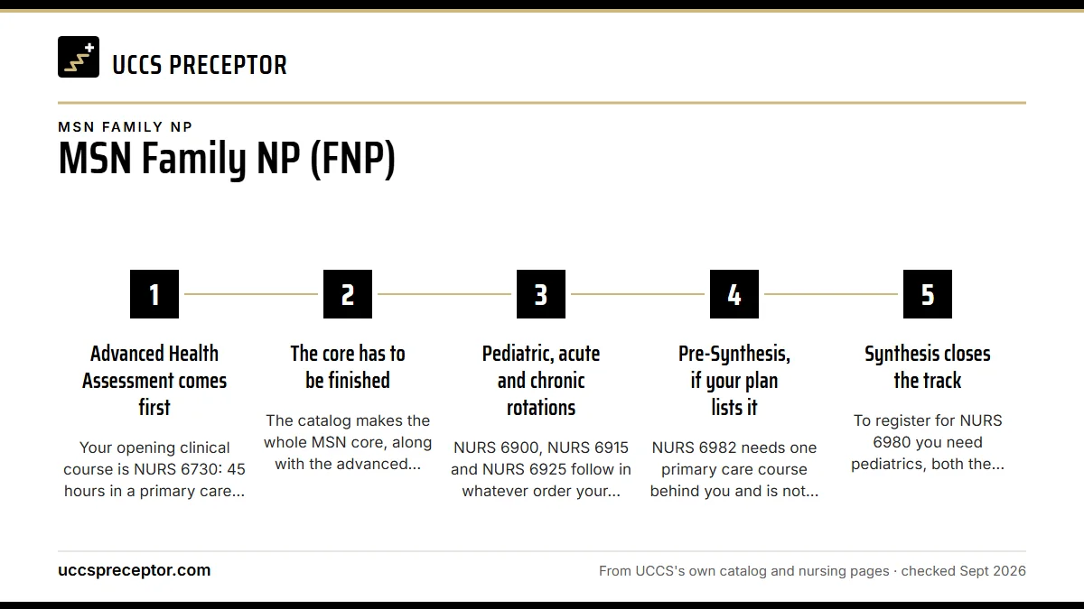 Numbered steps. The order you take them in: 1 Advanced Health Assessment comes first; 2 The core has to be finished; 3 Pediatric, acute and chronic rotations; 4 Pre-Synthesis, if your plan lists it; 5 Synthesis closes the track.
