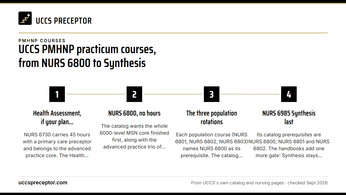 Numbered steps. The sequence UCCS's catalog sets: 1 Health Assessment, if your plan includes it; 2 NURS 6800, no hours; 3 The three population rotations; 4 NURS 6985 Synthesis last.